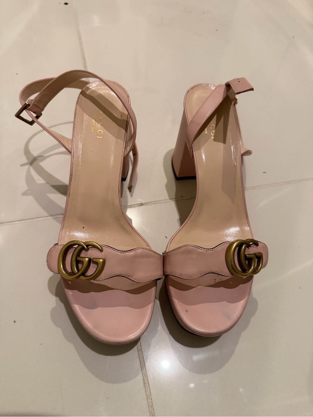 Gucci Blush Pink Leather Block Heel Sandals with Double G